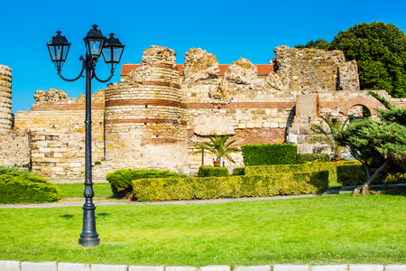 Ruins of the ancient fortress wall around the town of Nesebar in Bulgariaの写真素材