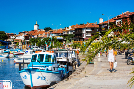 Nessebar, Bulgaria - July 25, 2016: Port, cruise boats and old town view in Nesebar in Bulgariaのeditorial素材