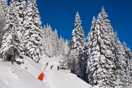 Kopaonik, Serbia - January 19, 2016: Panorama of ski resort Kopaonik, slope, people, mountain view at winter timeのeditorial素材