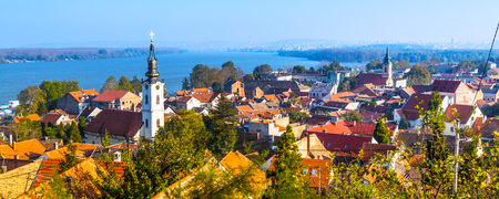 Panoramic view of Zemun, with church tower in Belgrade, Republic of Serbiaの写真素材