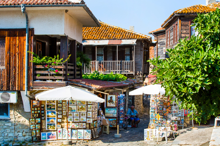 Nessebar, Bulgaria - July 25, 2016: Souvenir shops in old town Nessebar or Nesebar in Bulgaria, Black seaのeditorial素材