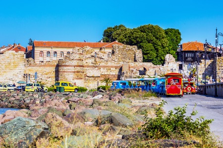 Nesebar, Bulgaria - July 25, 2016: Tourist train near in Nessebar old town, Bulgariaのeditorial素材