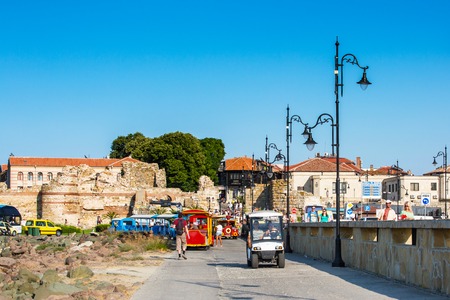 Nessebar, Bulgaria - July 25, 2016: Tourist train near in Nesebar old town, Bulgariaのeditorial素材