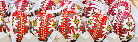 colorful painted Easter eggs panoramic image, Easter time backgroundの写真素材