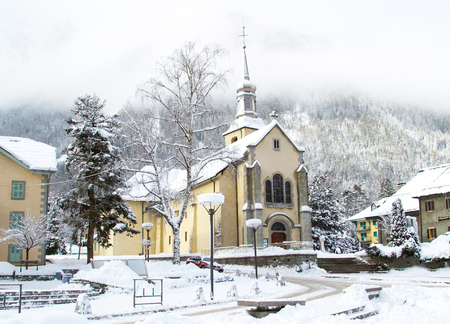 Church in Chamonix town, France, French Alps  in winterの写真素材