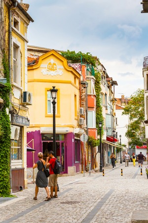 Plovdiv, Bulgaria - September 3, 2016: City center street with houses and peopleのeditorial素材