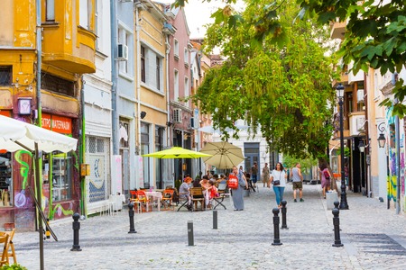 Plovdiv, Bulgaria - September 3, 2016: City center street with houses, cafe and peopleのeditorial素材