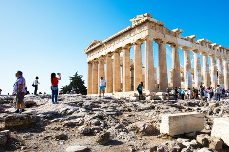 Athens, Greece - October 14, 2016: Tourists near Parthenon temple in Acropolis in Athens, Greeceのeditorial素材