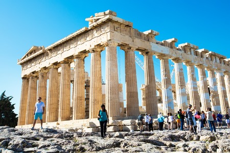 Athens, Greece - October 14, 2016: Tourists near Parthenon temple in Acropolis in Athens, Greeceのeditorial素材