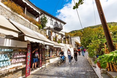 Makrinitsa, Greece - October 11, 2016: Street and shops view at Makrinitsa village of Pelion, Greeceのeditorial素材