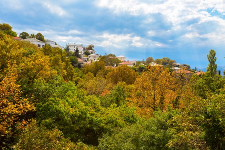 Colorful autumn trees and mountain village aerial view, Greeceの写真素材