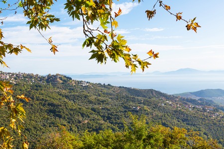 Greek mountain village aerial panoramic view and seascape, Pelion,の写真素材