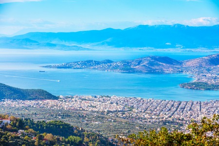Volos city and gulf aerial view from Pelion mount, Greeceの写真素材