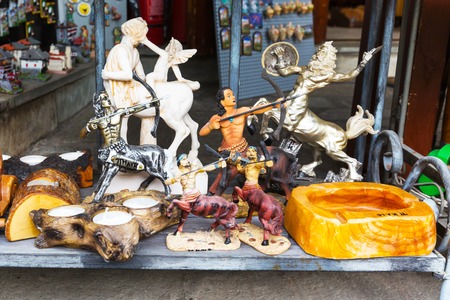 Portaria, Greece - October 12, 2016: Different centaur souvenirs in greek gift shop in Pelion, Greeceのeditorial素材
