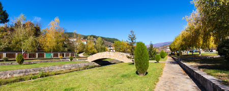 Bridge in Makedonska Kamenica town in Macedonia and autumn trees Balkan landscapeの写真素材
