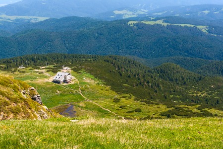 Aerial veiw mountain landscape with Seven Rila Lakes hut in National Park Rila, Bulgariaの写真素材