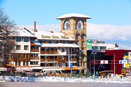 Bansko, Bulgaria - November 30, 2016: Hotel with tower in bulgarian ski resort Banskoのeditorial素材