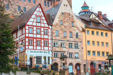 Nuremberg, Germany - December 24, 2016: City street of Nuremberg, Franconia with half-timbered houses in Bavariaのeditorial素材