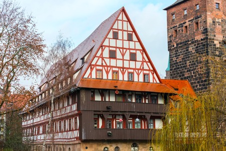 City view of Nuremberg, Franconia with half-timbered houses in Bavariaの写真素材
