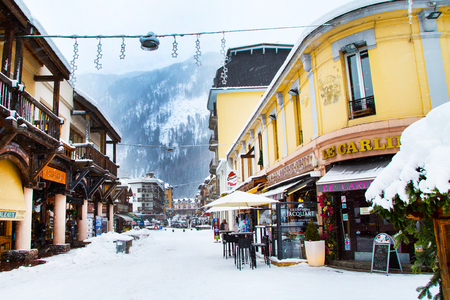 Chamonix, France - January 30, 2015: : Cafe, Restaurant in the center of the town and street view, Chamonix, Franceのeditorial素材