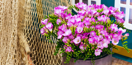 flower bouquet of pink and white alstroemeria holiday panoramic banner background and rope netの写真素材