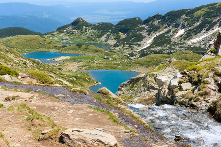 Aerial veiw mountain landscape with Seven Rila Lakes and hut in National Park Rila, Bulgariaの写真素材