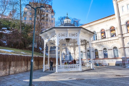 Karlovy Vary, Czekh Republic - February 15, 2017: Street view, hot spring in the center of famous spa townのeditorial素材
