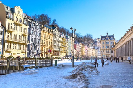Karlovy Vary, Czekh Republic - February 15, 2017: Street view, houses and colonnade in famous spa townのeditorial素材
