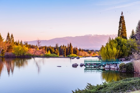 Landscape view of the lake, spring trees and reflection in the waterの写真素材
