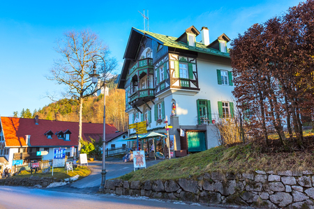 Fussen, Germany - December 27, 2016: Beautiful painted of traditional bavarian house near Neuschwanstein and german alps in Bavariaのeditorial素材