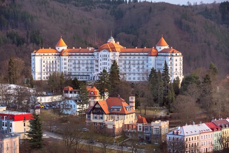 Karlovy Vary, Czech Republic - February 24, 2017: Karlovy Vary, aerial panoramic famous spa town view with hotel Imperial, Czech Republicのeditorial素材