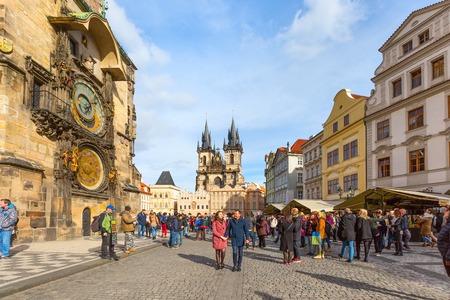 Prague, Czech Republic - February 25, 2017: People at Old Town Square, Stare Mesto in front of Tyn Church and famous Astronomical Clockのeditorial素材