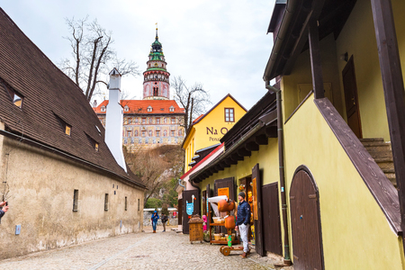 Cesky Krumlov, Czech Republic - February 26, 2017: Famous landmark, castle tower, historic center street viewのeditorial素材