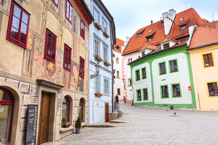 Cesky Krumlov, Czech Republic - February 26, 2017: Famous landmark, historic center street view of UNESCO World Heritage Site townのeditorial素材
