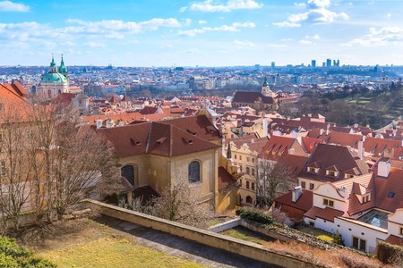 Prague downtown aerial panorama with famous landmarks, Czech Republic