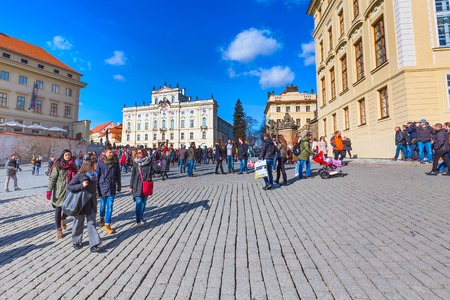 Prague, Czech Republic - February 25, 2017: People at panorama viewpoint at Prague castle, landmark of the cityのeditorial素材