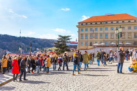 Prague, Czech Republic - February 25, 2017: People at panorama viewpoint at Prague castle, landmark of the cityのeditorial素材