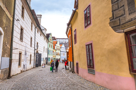 Cesky Krumlov, Czech Republic - February 26, 2017: Famous landmark, historic center street view of UNESCO World Heritage Site townのeditorial素材