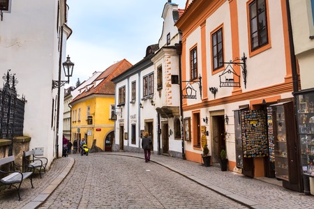 Cesky Krumlov, Czech Republic - February 26, 2017: Famous landmark, historic center street view of UNESCO World Heritage Site townのeditorial素材