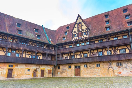 Bamberg city center street view with half-timbered colorful housesの写真素材