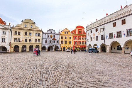 Cesky Krumlov, Czech Republic - February 26, 2017: Famous landmark, historic center street view and houses on the main squareのeditorial素材