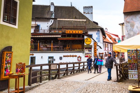 Cesky Krumlov, Czech Republic - February 26, 2017: Famous landmark, historic center street view of UNESCO World Heritage Site townのeditorial素材