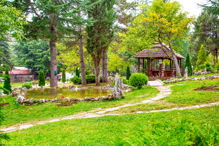 Garden park view of Saint Naum Monastery near Ohrid in Macedoniaの写真素材