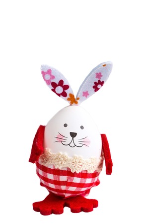 Funny Easter egg bunny rabbit decoration on white backgroundの写真素材