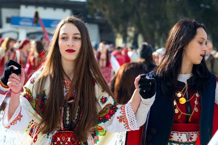 Razlog, Bulgaria - January 14, 2017: Ladies in bulgarian traditional clothing at the festivalのeditorial素材