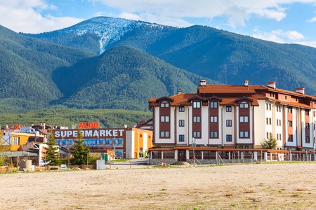 Bansko, Bulgaria - April 14, 2017: Bansko, Bulgaria spring view with aldo, mountains peaks landscape and housesのeditorial素材