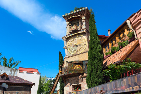 Rezo Gabriadze falling tower at Marionette Theatre square in the center of Tbilisi, Georgia, Europeの写真素材