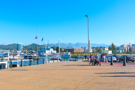 Batumi, Georgia - April 30, 2017: City panoramic landscape with port and mountain peaks of Batumi, summer Black sea resortのeditorial素材