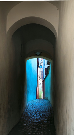 String Street or Strada Sforii is the narrowest street in the city of Brasov, Romaniaの写真素材
