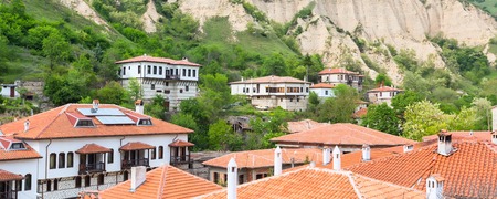 Aerial panoramic banner view with traditional bulgarian houses in Melnik town, Bulgariaの写真素材
